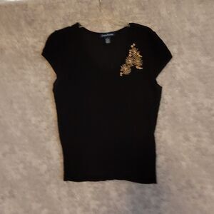 Evan Picone Knit Top Women Large Black Bead Detail Short Sleeve Cocktails Office